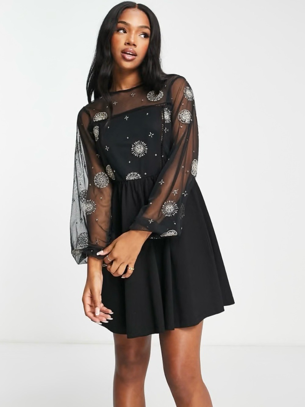 ASOS Black Mini Dress with Silver Celestial Embroidery Witchy, Whimsygoth,